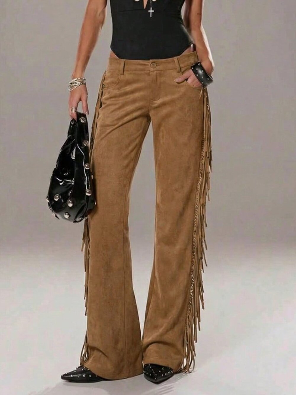 Khaki Casual Women's Extra Long Side Fringe Zipper Flare Leg Pants - Picture 6 of 6